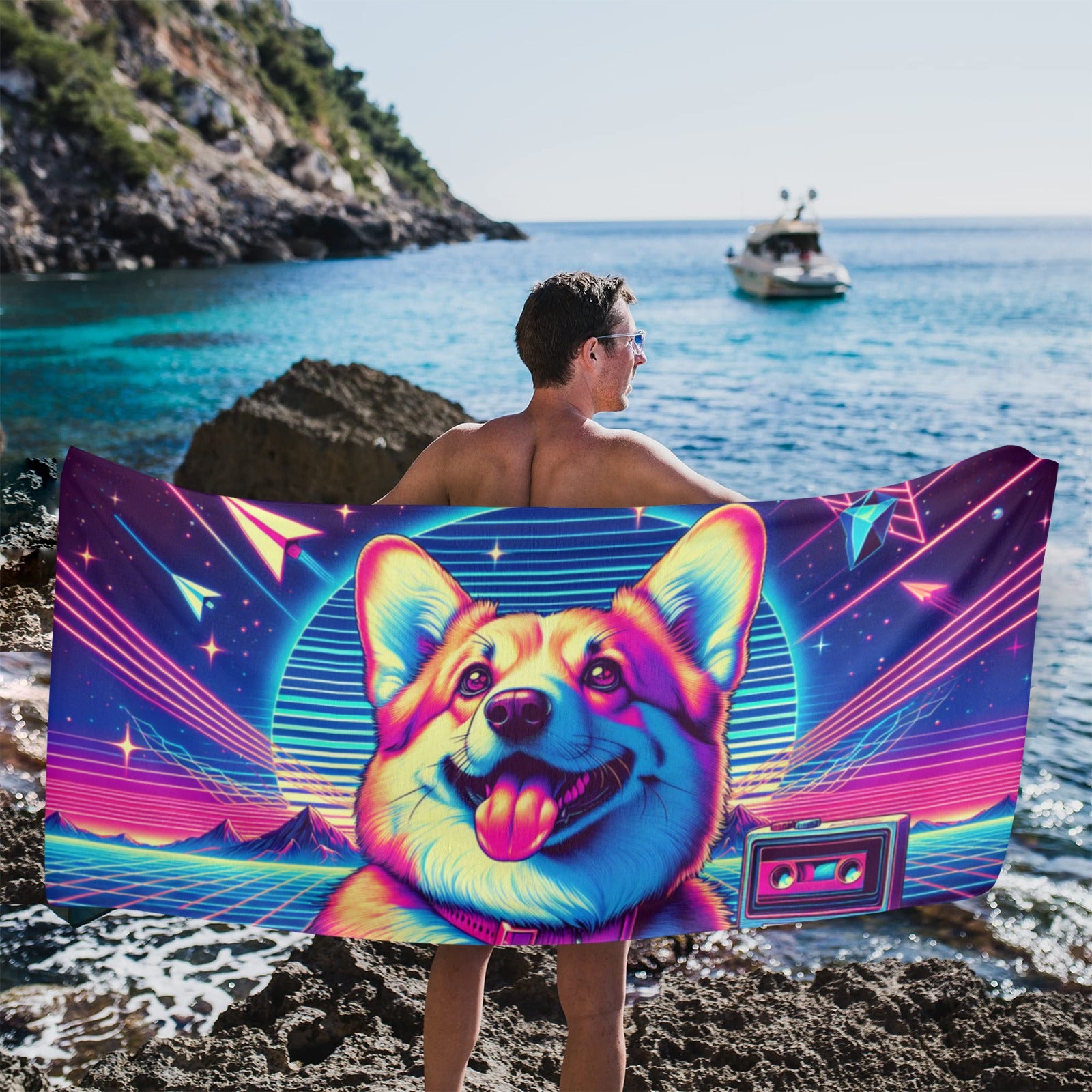 Corgi Beach Towel - Synthwave