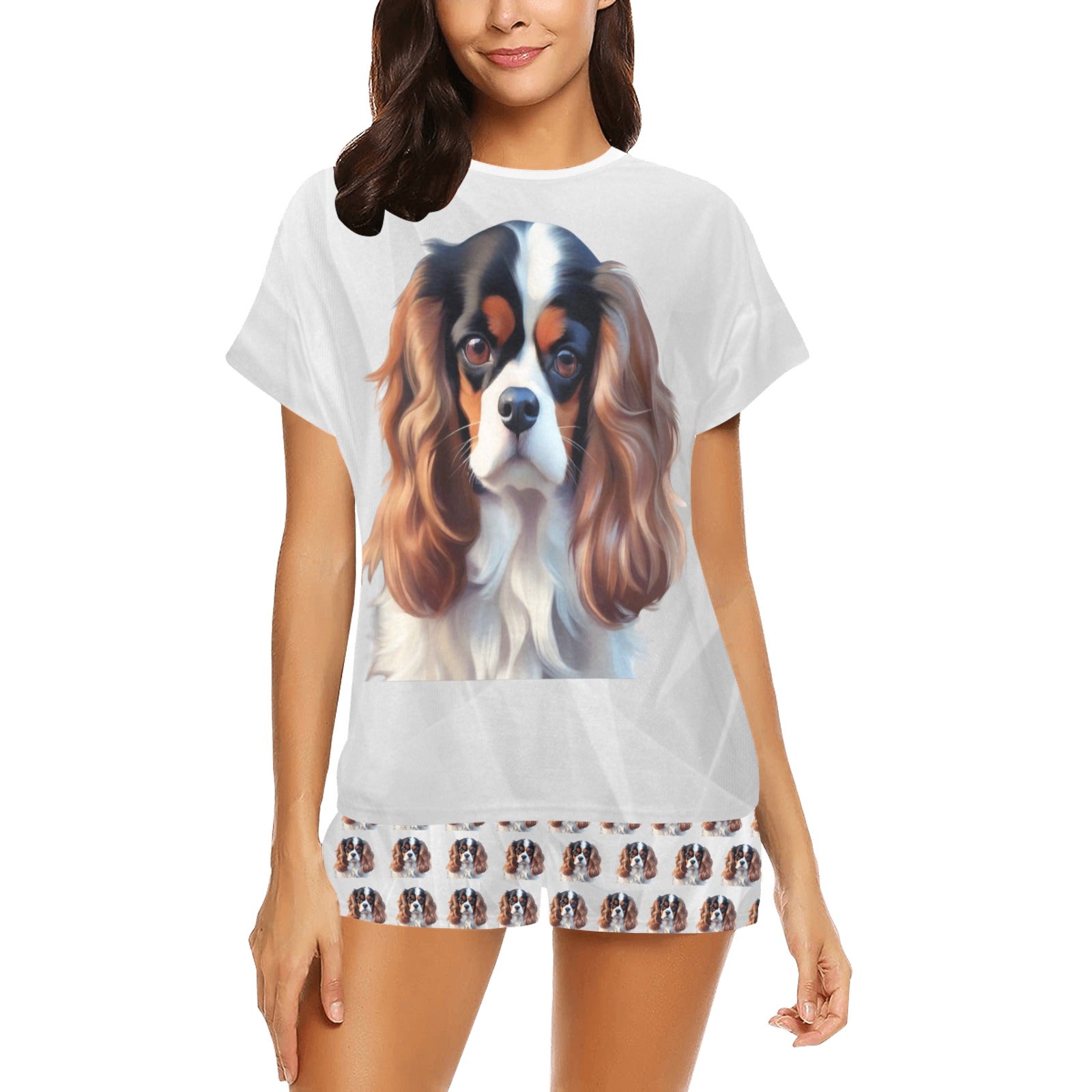 2 Piece Tri Cavalier King Charles Spaniel PJ Set - Silver