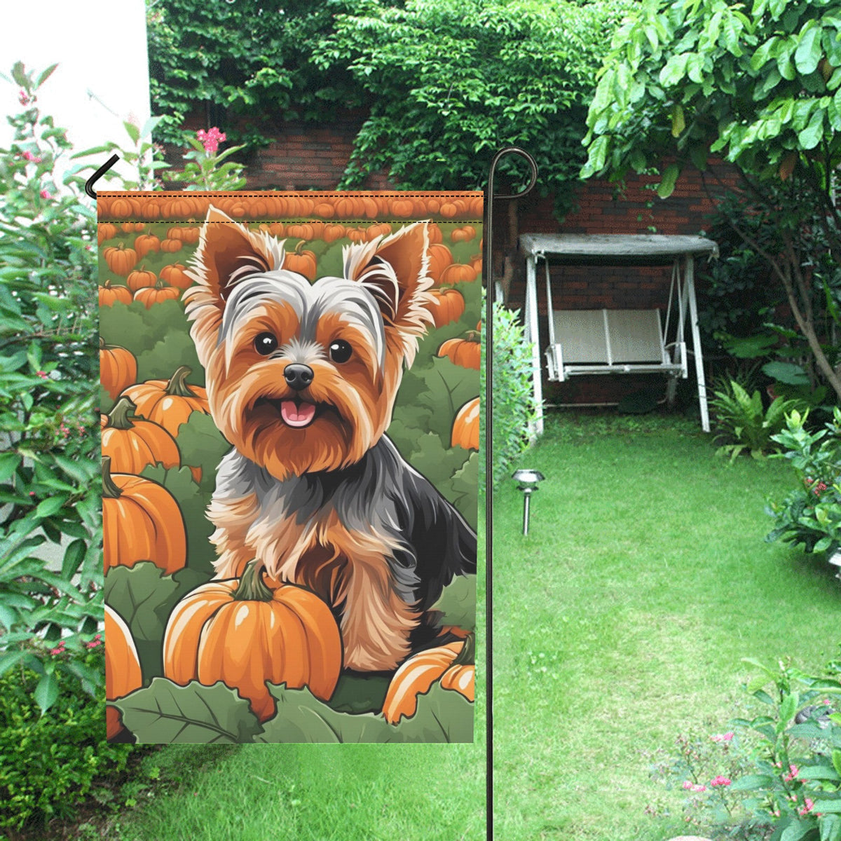 Yorkie &amp; Pumpkins Garden Flag