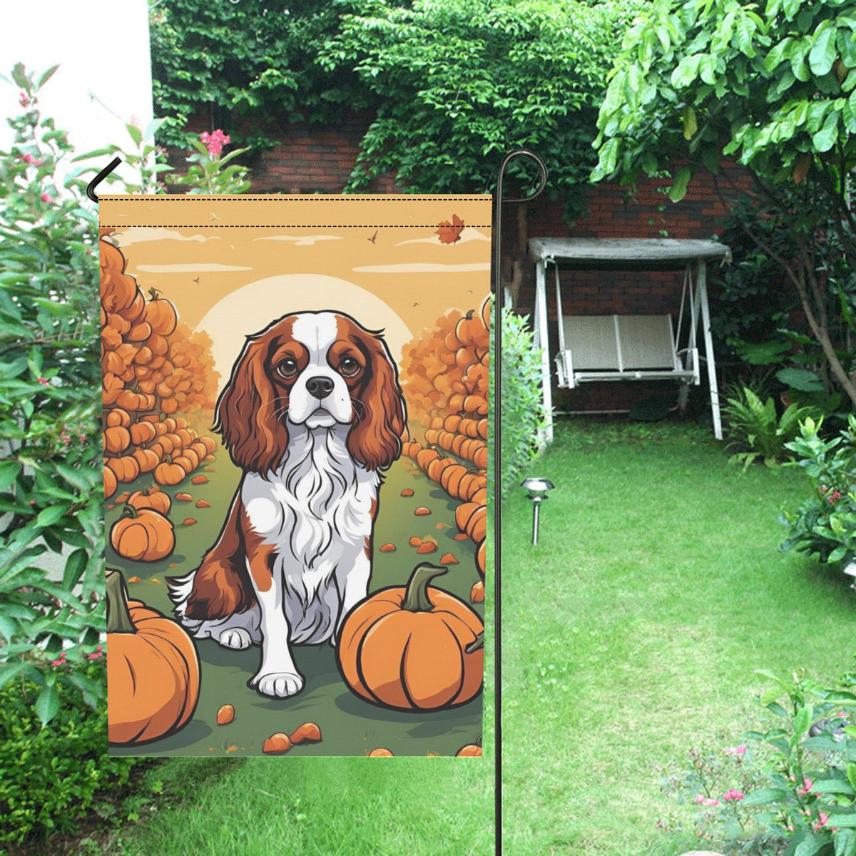 Cavalier King Charles Spaniel &amp; Pumpkins Garden Flag