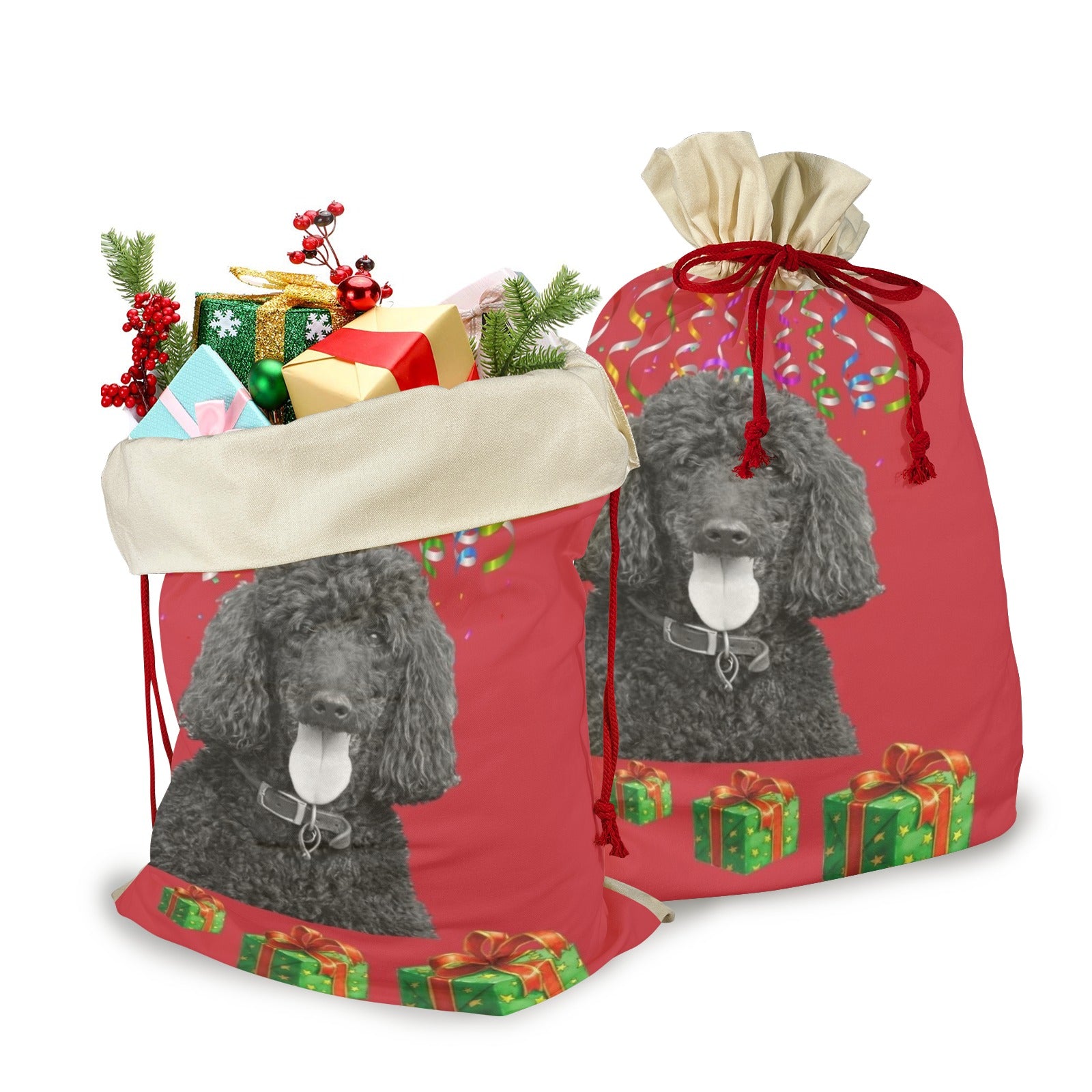 Poodle Holiday Drawstring Bag - Black Standard