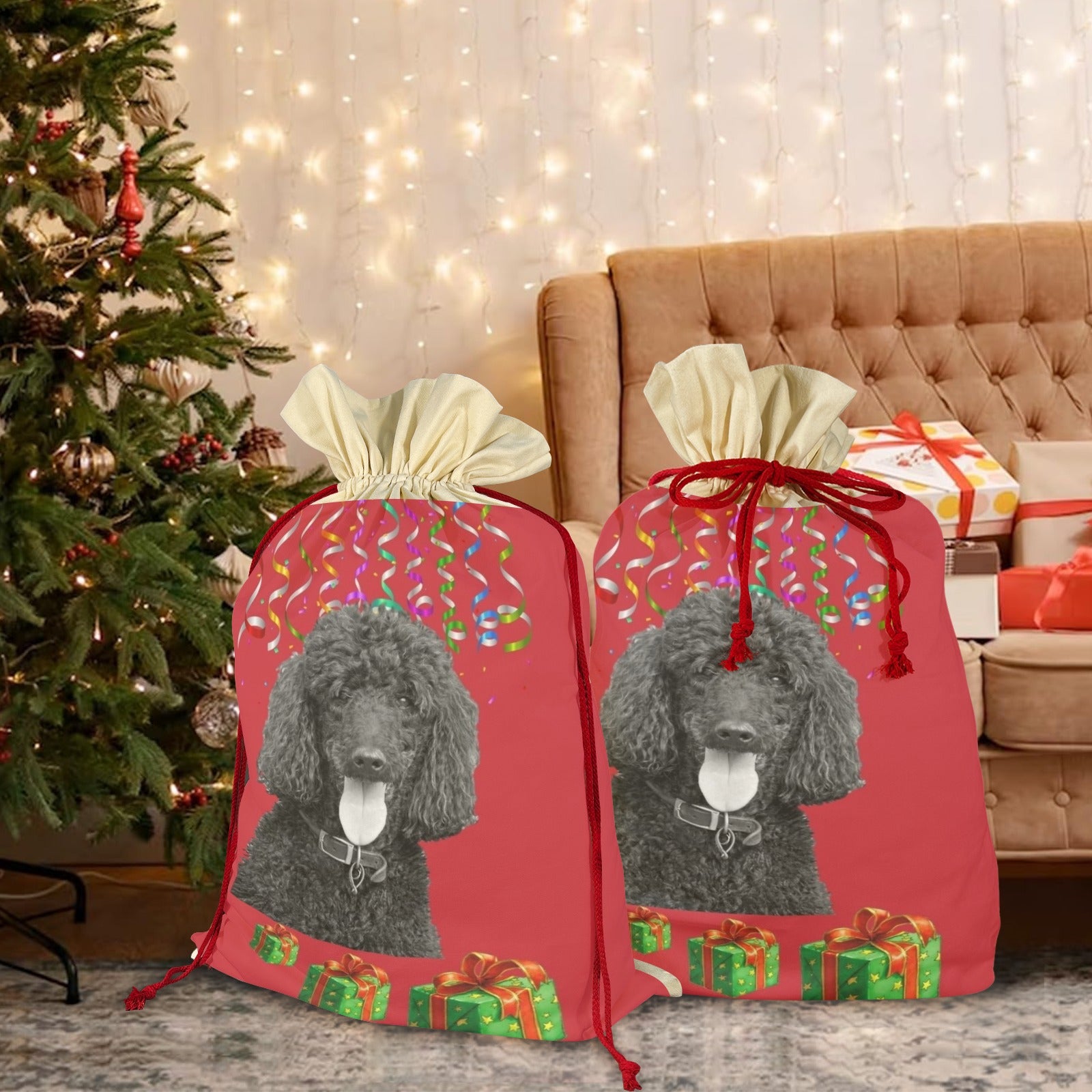 Poodle Holiday Drawstring Bag - Black Standard