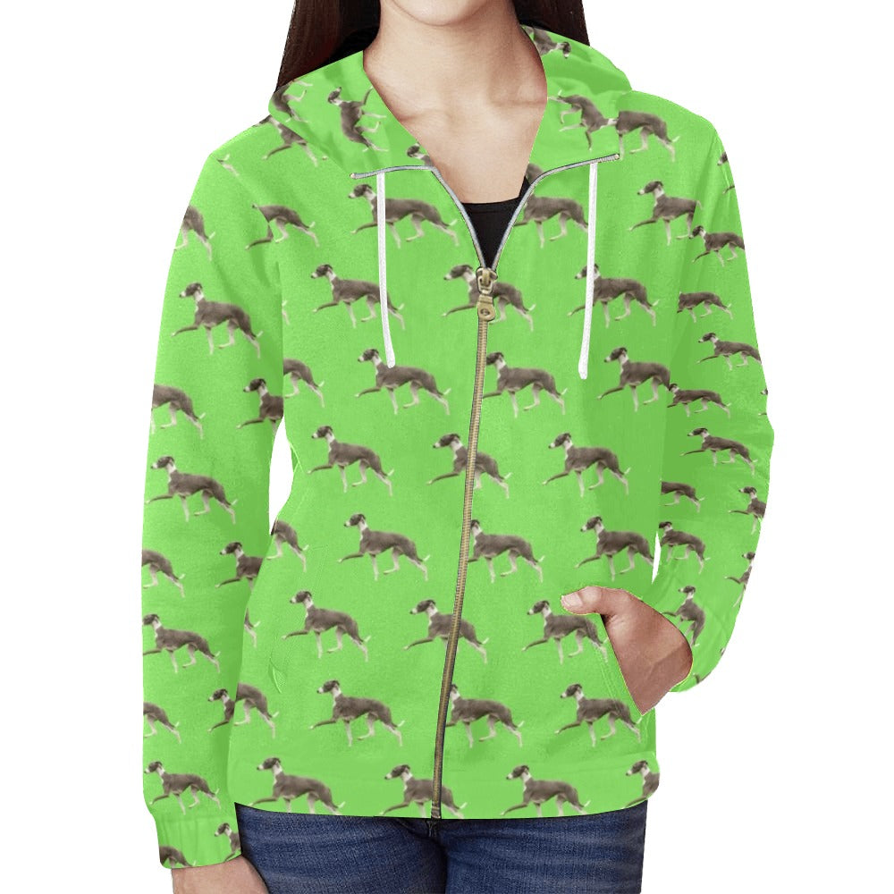 Italian Greyhound Zip Up Hoodie - Green