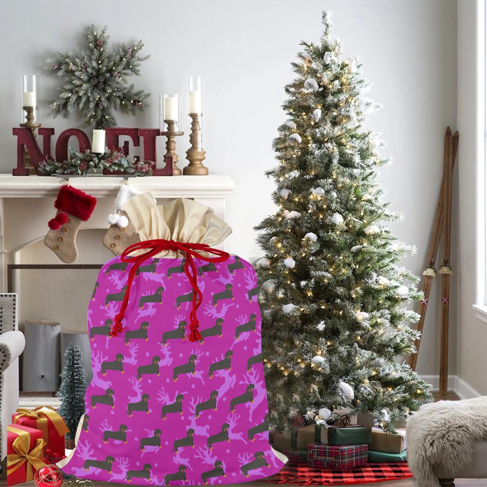 Dachshund & Reindeer Holiday Drawstring Bag