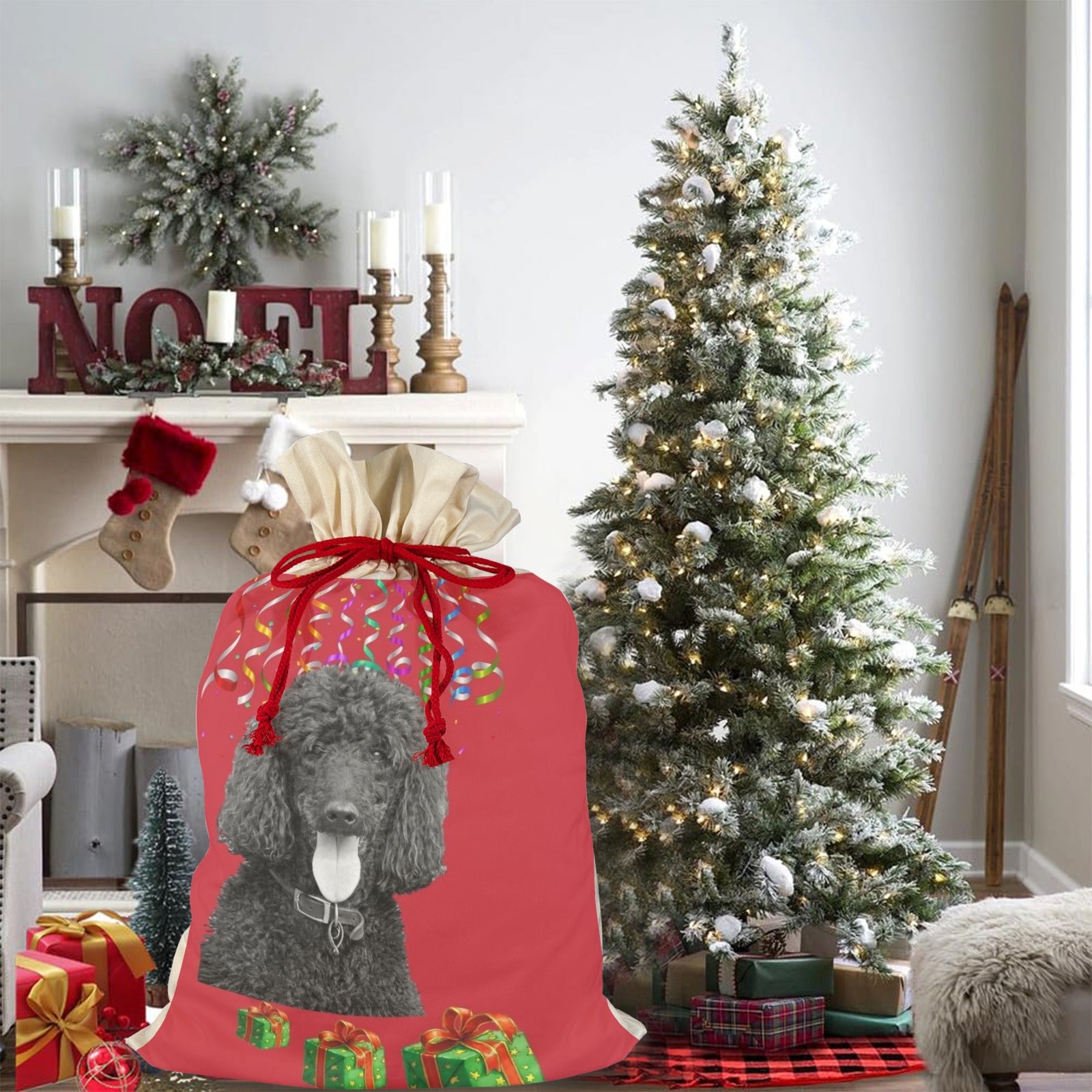 Poodle Holiday Drawstring Bag - Black Standard