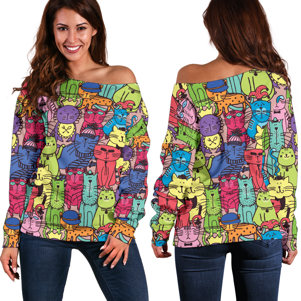 Cartoon Cat Off Shoulder Sweatshirt