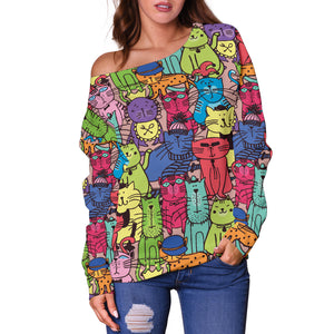 Cartoon Cat Off Shoulder Sweatshirt