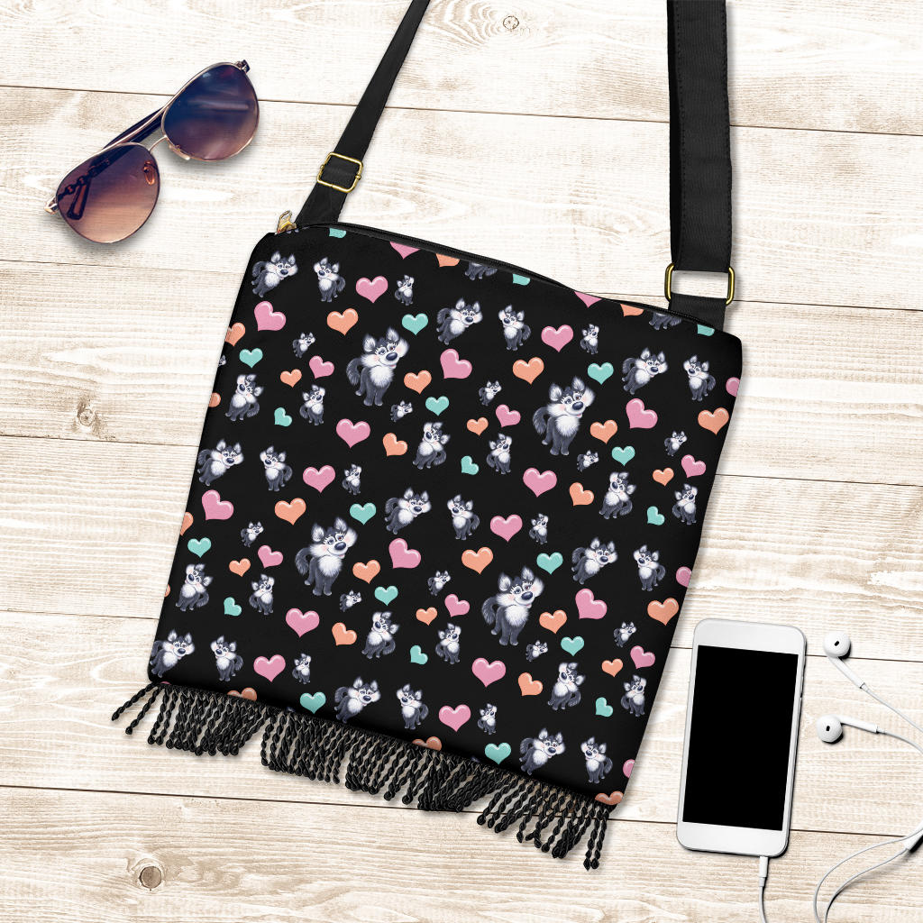 Husky Dog Hearts Crossbody Boho Handbag